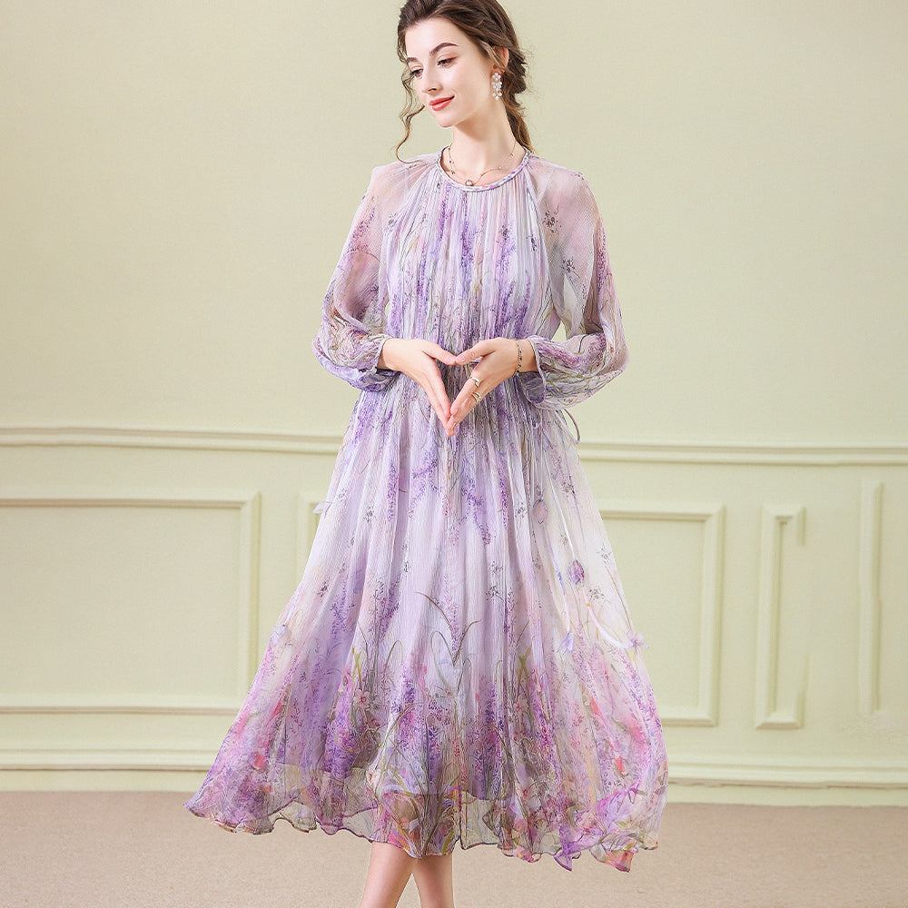 Blumenseiden Midi Kleid mit langen Seidenkleidern für Frauen