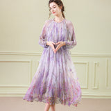 Blumenseiden Midi Kleid mit langen Seidenkleidern für Frauen