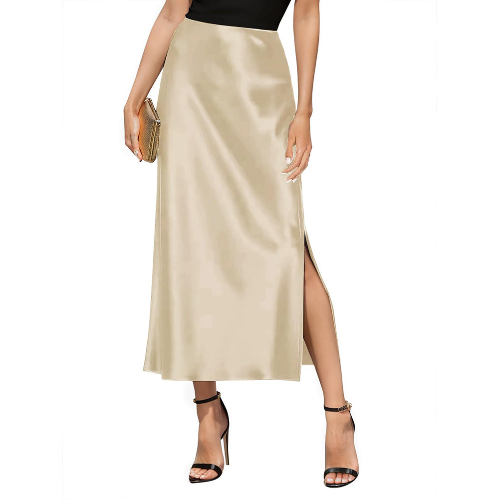 Damenseide Maxirock mit Seitenschlitz hoher Taille Seidenrock