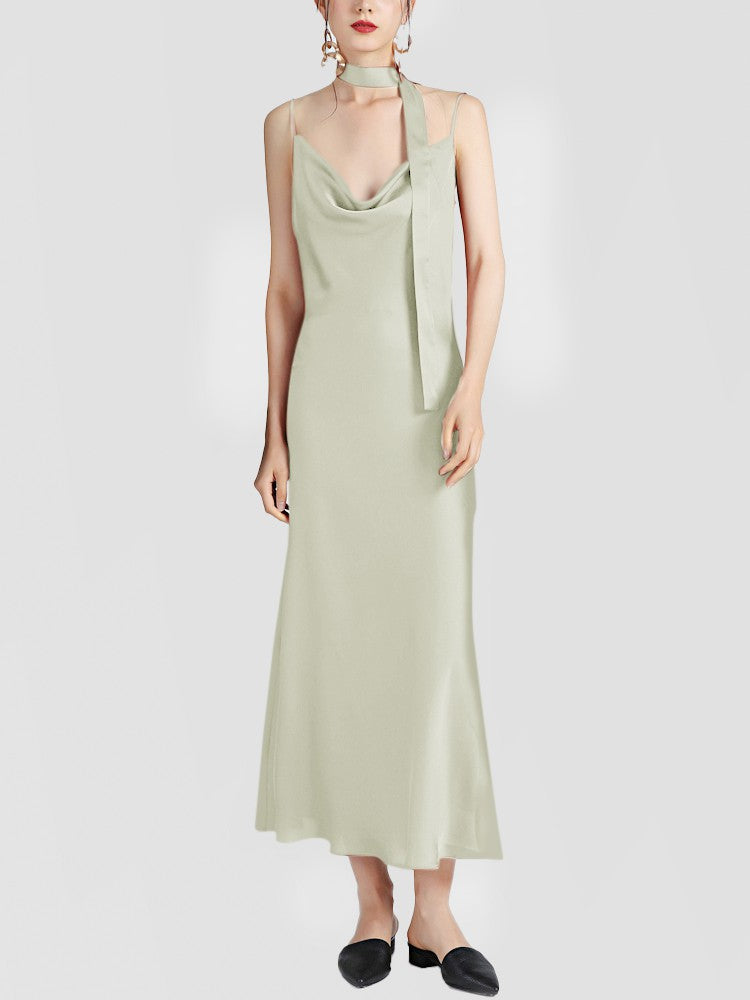 Damen Seiden Ärmel und Kleid Cowl Hals Seiden Midi Kleid Hochzeit Gastkleider
