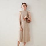 Ärmelloses Damen-Kaschmirkleid mit Stehkragen und Kaschmir-Strick-Midikleid