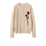 Kaschmir-Strickpullover für Damen mit Rosenstickerei und Knopfleiste vorne