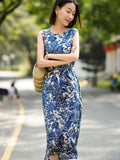 Toile Print Silk Midi Dress for Women Sleeveless Belted Silk Dress