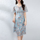 Damen Binsen Nacken Seidenblumkleid Seiden Midi Kleid mit Flutter Ärmel