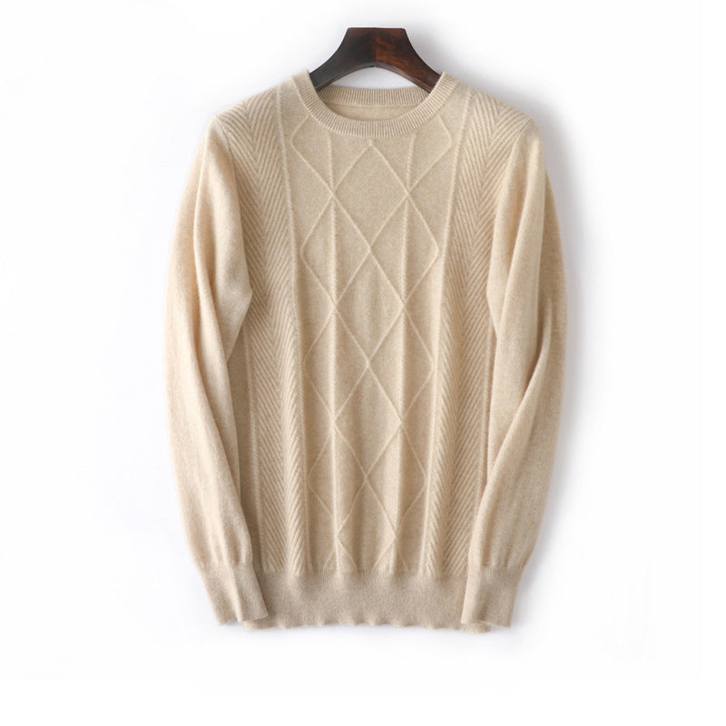 Herren-Diamantgestrickter reiner Kaschmir-Pullover Rundhals mit Rippsaum