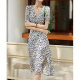 Womens Silk Floral Dress Silk Midi Dress V Neck Ruched Summer Dress