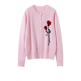 Kaschmir-Strickpullover für Damen mit Rosenstickerei und Knopfleiste vorne