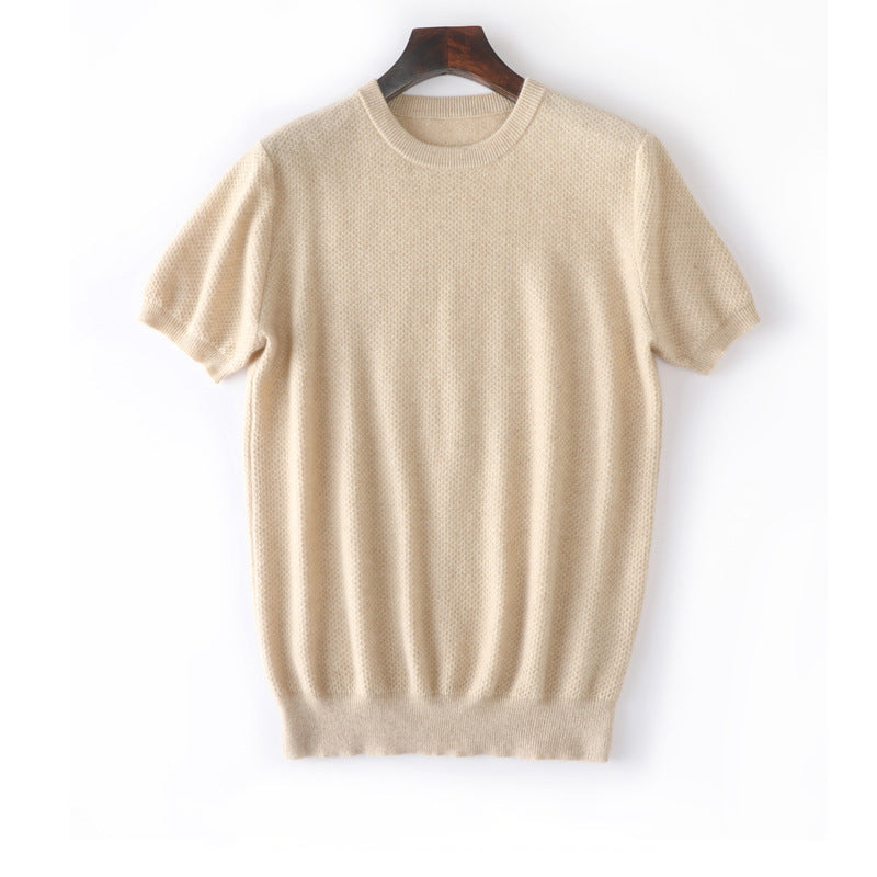Herren Kurzärmel reiner Kaschmirpullover Crew Neck texturierte Strickoberteile
