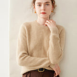 Womens Crew Neck Cashmere Sweater Ribbed Texture Cashmere Pullover