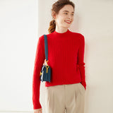 Damen-Kaschmirpullover mit Stehkragen und Zopfmuster, langärmlig
