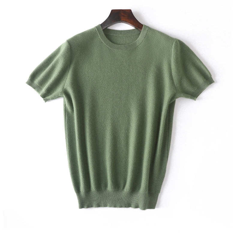 Herren Kurzärmel reiner Kaschmirpullover Crew Neck texturierte Strickoberteile