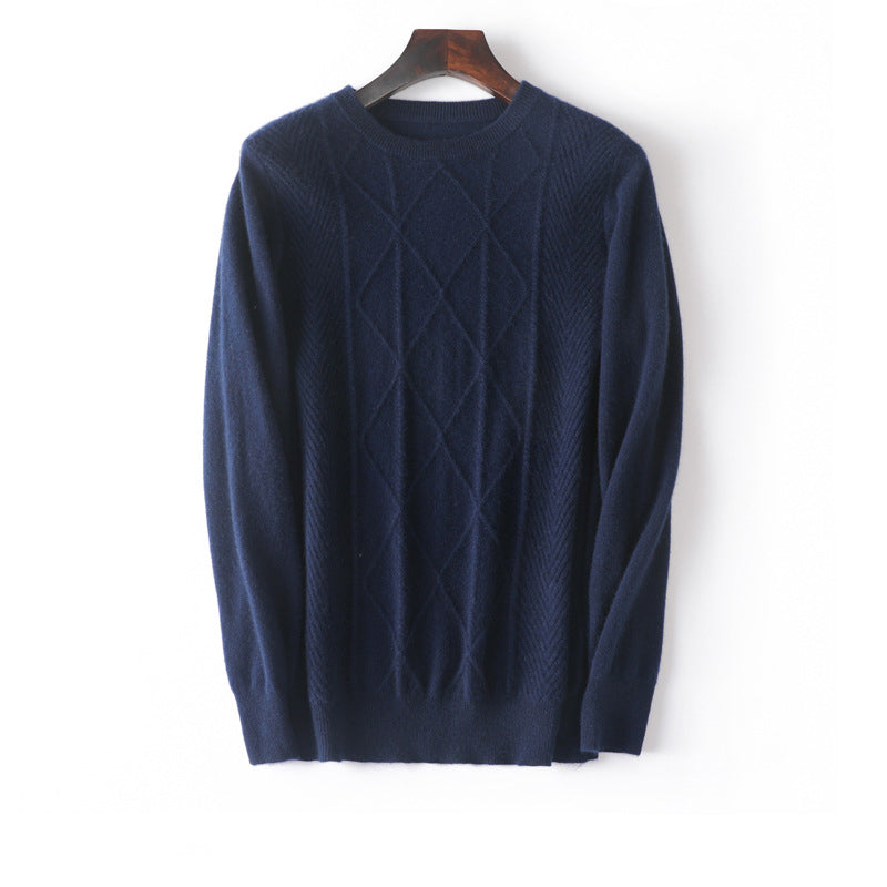 Herren-Diamantgestrickter reiner Kaschmir-Pullover Rundhals mit Rippsaum