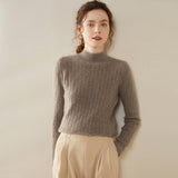 Damen-Kaschmirpullover mit Stehkragen und Zopfmuster, langärmlig