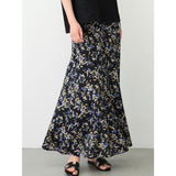 Frauen schwarze Seide Maxirock Blumendruck langen Seidenkleid