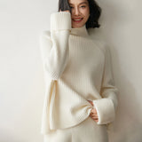 Damen-Pullover aus geripptem Kaschmir mit Rollkragen und Kaschmir-Raglan