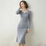 Womens Cashmere Sweater Dress Long Sleeve Ribbed Knit Cashmere Midi Dress
