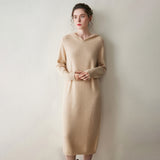 Womens Hooded Cashmere Sweater Dress Long Sleeve Cashmere Midi Dress