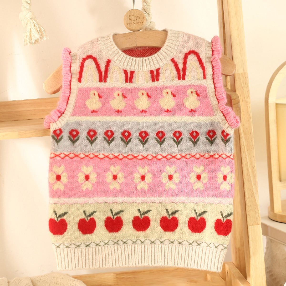 Mädchen Bunt Kaschmir Strickweste Ente Blume Apfel Muster Kaschmir Pullover