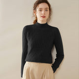 Damen-Kaschmirpullover mit Stehkragen und Zopfmuster, langärmlig
