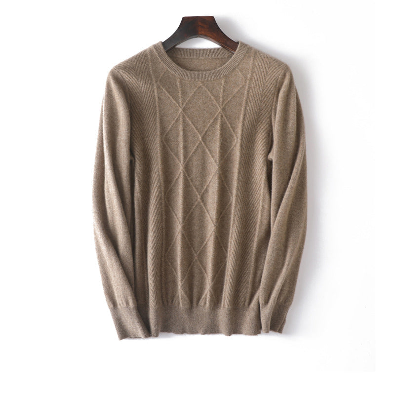 Herren-Diamantgestrickter reiner Kaschmir-Pullover Rundhals mit Rippsaum