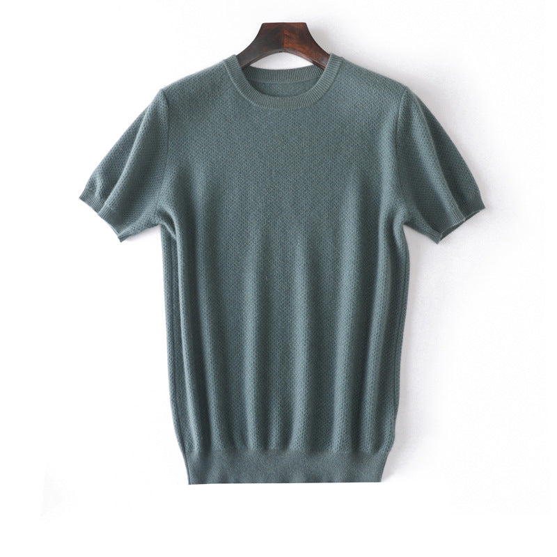 Herren Kurzärmel reiner Kaschmirpullover Crew Neck texturierte Strickoberteile