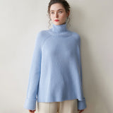 Damen-Pullover aus geripptem Kaschmir mit Rollkragen und Kaschmir-Raglan