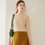 Damen-Kaschmirpullover mit Stehkragen und Zopfmuster, langärmlig