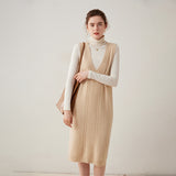 Womens Cashmere Vest Dress V Neck Cable Knit Sleeveless Cashmere Midi Dress