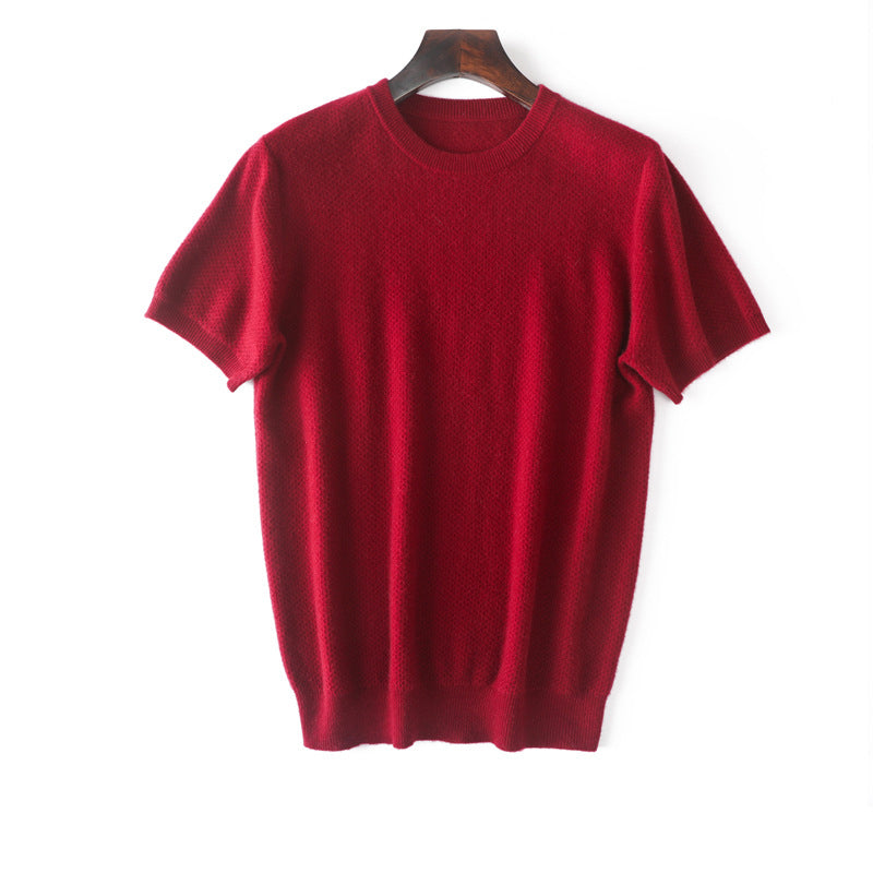 Herren Kurzärmel reiner Kaschmirpullover Crew Neck texturierte Strickoberteile