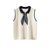 Womens Polo Neck Cashmere Vest Contrast Trim Sleeveless Cashmere Knit Sweater