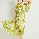 Damen Midikleid aus Seidenchiffon mit Flatterärmeln, Wasser<tc>color</tc>n<tc>color</tc> Grünes Seidenkleid mit Blumenmuster