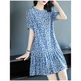 Damenblau Blumendruck Seiden Mini Kleid Rüschen Saum kurzes Seidenkleid