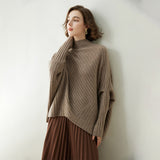 Damen-Kaschmir-Poncho-Pullover mit Ärmeln, gerippter Kaschmir-Umhang mit Stehkragen