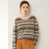 Womens Fair Isle Cashmere Knit Sweater Crew Neck Cashmere Pullover