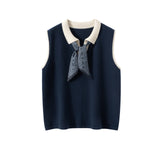 Womens Polo Neck Cashmere Vest Contrast Trim Sleeveless Cashmere Knit Sweater