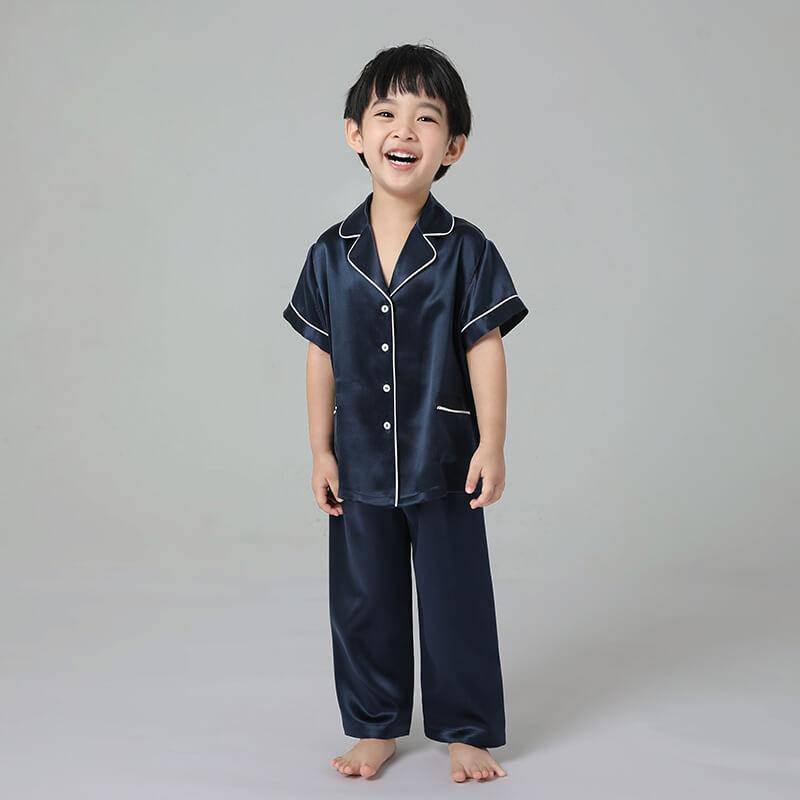 19 Momme Boys Short Silk Pajamas Set White Trimming Kid's Comfortable Nightwear -  slipintosoft