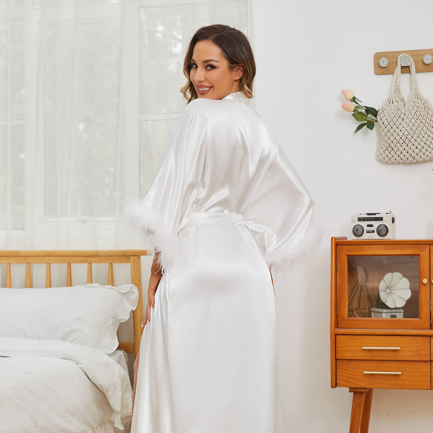 Silk Kimono Robe with Ostrich Feather Trim Long Silk Wedding Bridesmaid Robe - slipintosoft