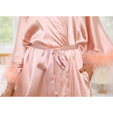 Silk Kimono Robe with Ostrich Feather Trim Long Silk Wedding Bridesmaid Robe - slipintosoft