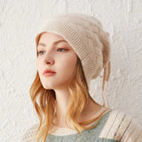 Cashmere Beanie Ribbed Edge with Drawstring Women Thick Cashmere Hats Solid Colors - slipintosoft