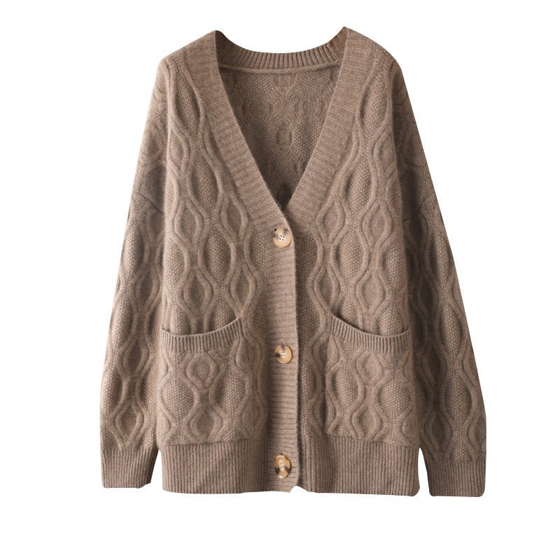 Ladies Cable Knit Cashmere Cardigan Front Pockets V Neck Cashmere Coat