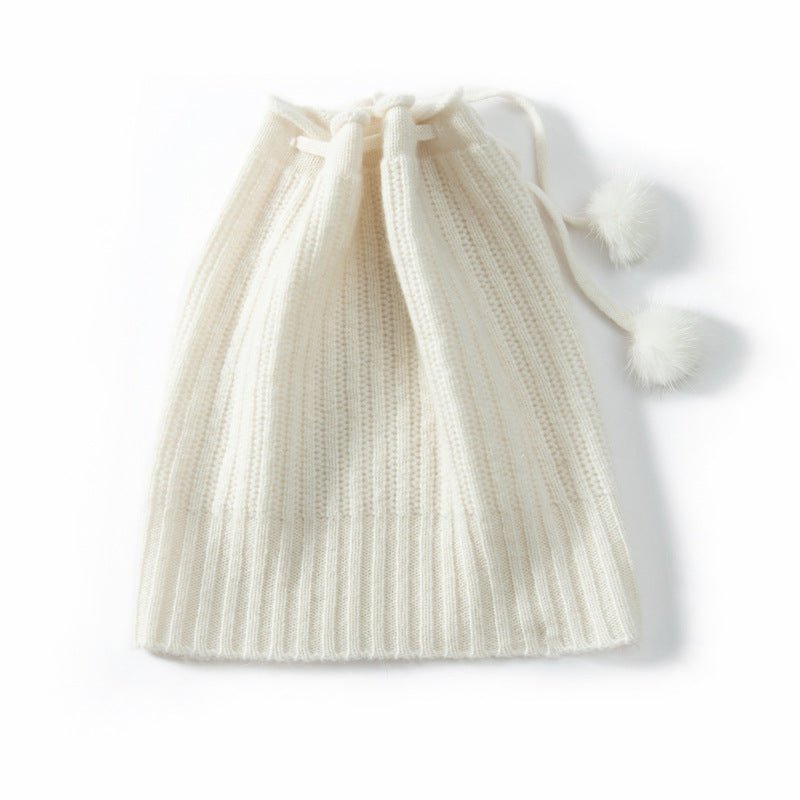 Cashmere Pom - Pom Beanie Hat With Drawstring Closure Thick Ribbing Hats