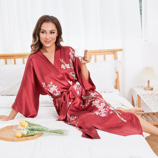 Kirschblüte und Vögel drucken 100% lange Seidenkimono -Robe