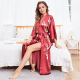 Kimono-Robe aus 100 % langer Seide mit Kirschblüten- und Vogelmuster