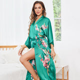 Cherry Blossom And Birds Print 100% Long Silk Kimono Robe - slipintosoft