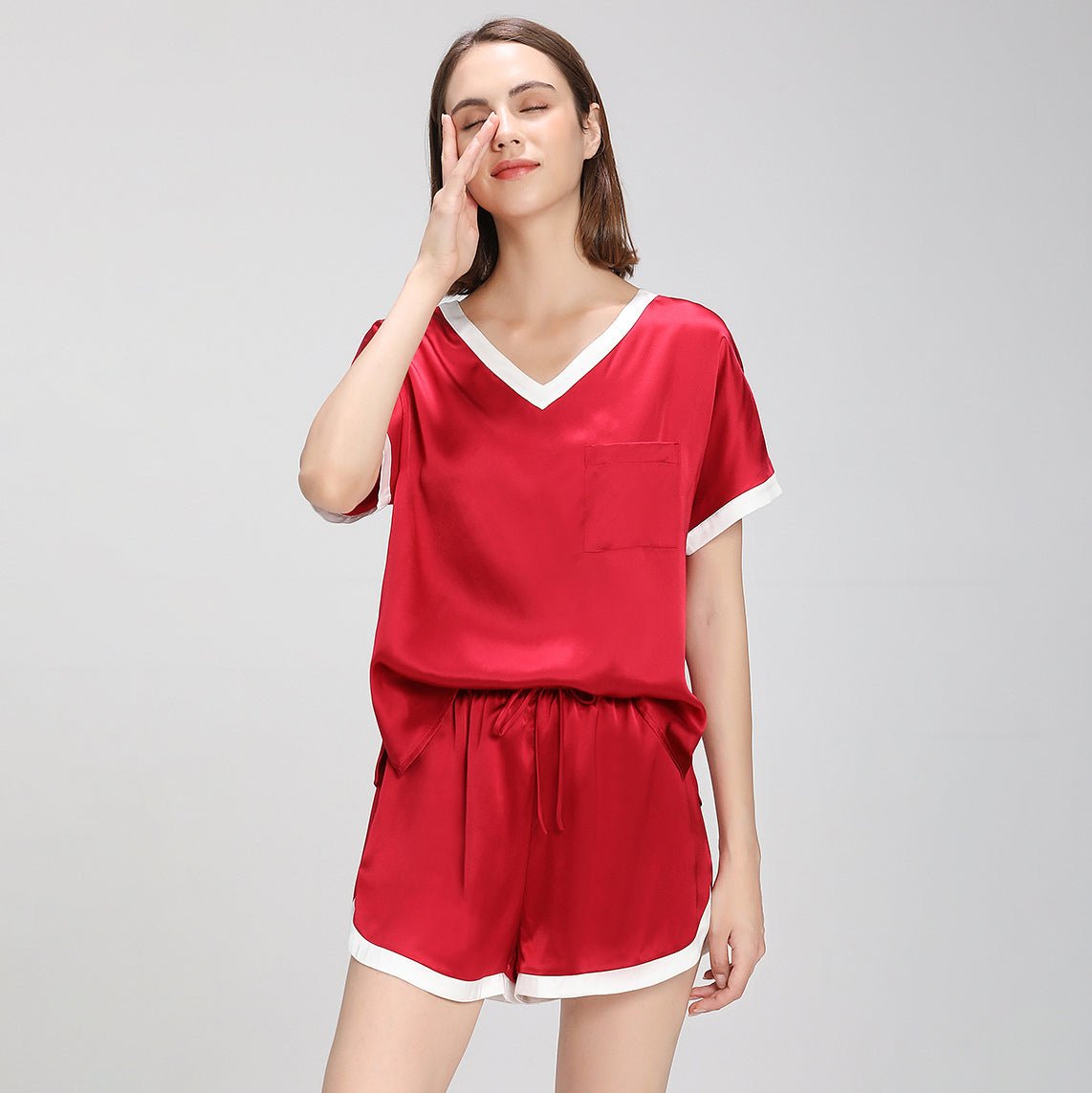 Contrast Color Short Sleeved Silk Pajama Set for Women Short Silk Sleepwear - slipintosoft