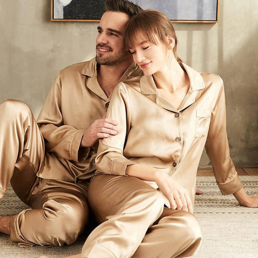 Long Silk Matching Pajamas Set for Women and Men 4pcs