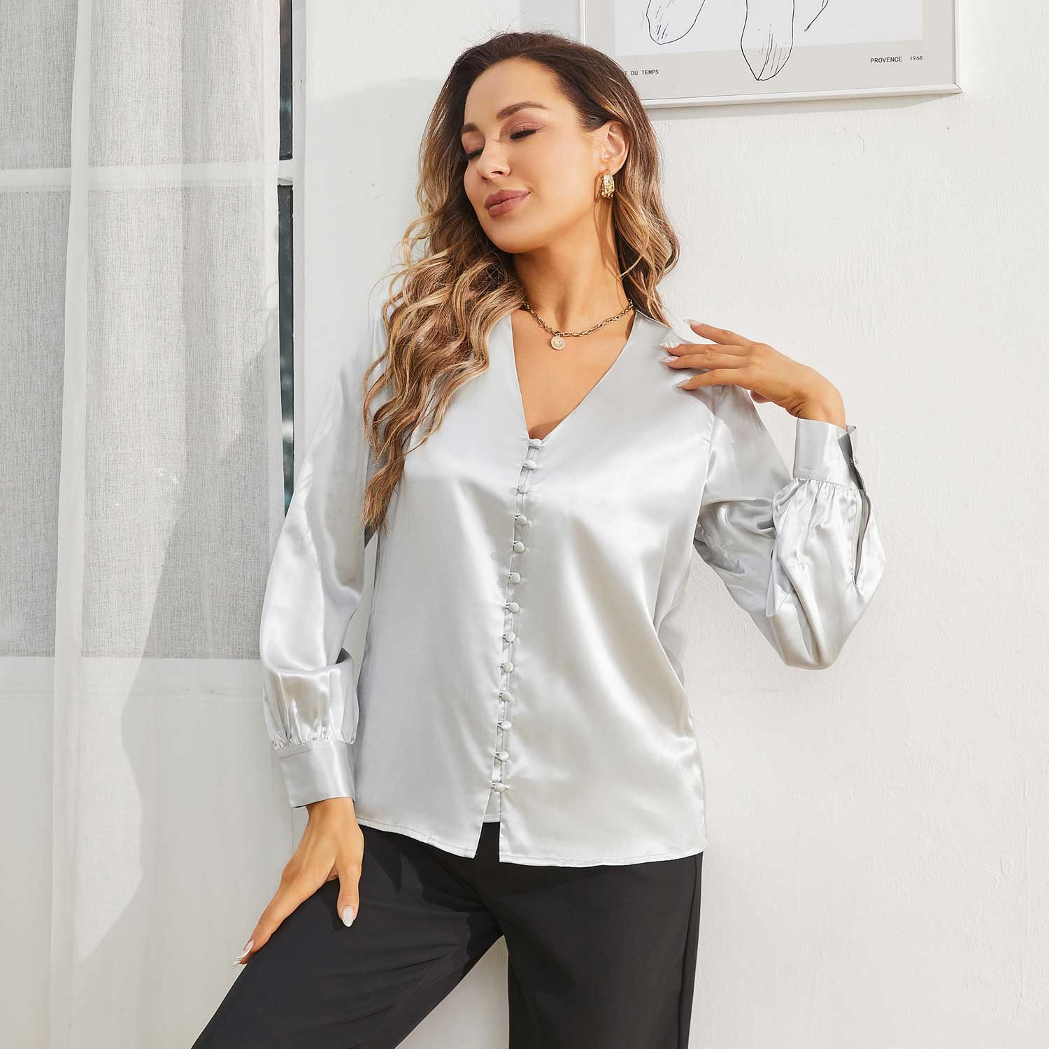 Elegant Ladies Silk Blouse V Neck Silk Shirts 100% Mulberry Silk Long Sleeves Top - slipintosoft