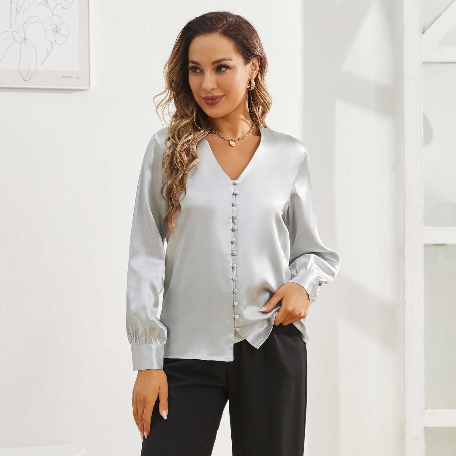 Ladies Silk Blouse V Neck Silk Shirts 100% Silk Top