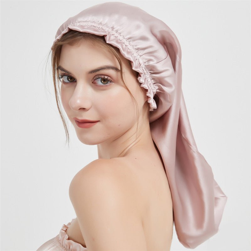 Elegant Women Pleated Edge Silk Bonnet Long Silk Sleep Caps For Hair - slipintosoft