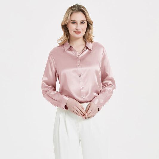 Elegante Frauenperlenschnalle Seidenbluse Seiden Langarm Hemd